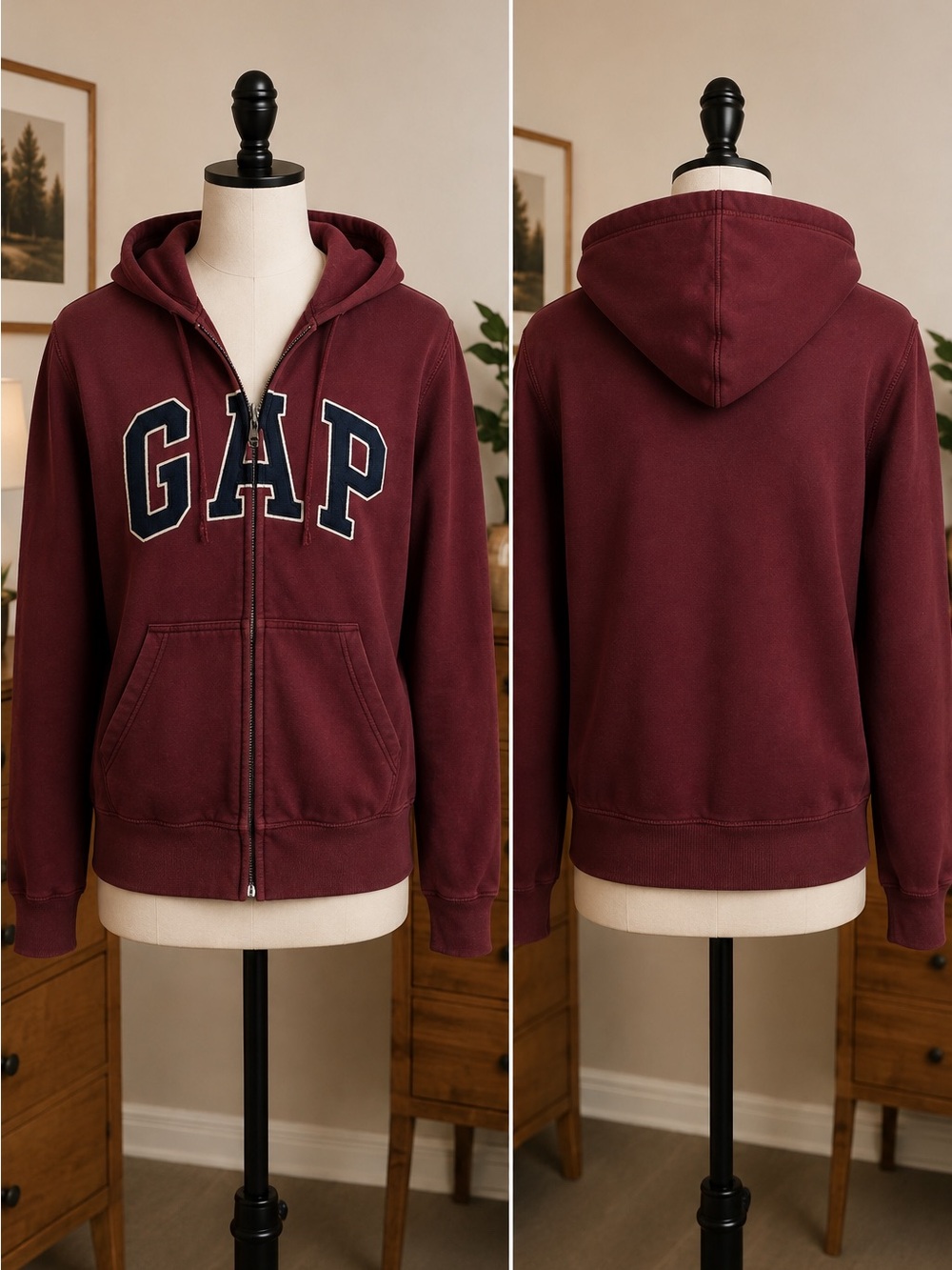GAP XL Burgundy Full Zip Hoodie Navy Applique Logo Sweatshirt Y2K Style